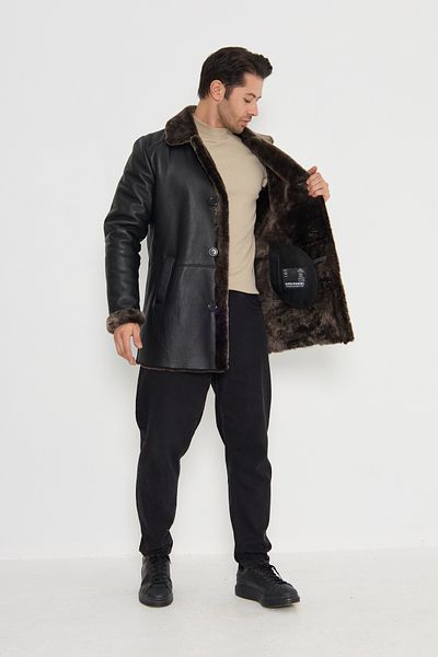By Marki Marki Men's Genuine Leather Coat - Black, Gray Natural Fur, Button Closure, 85 cm - 501922