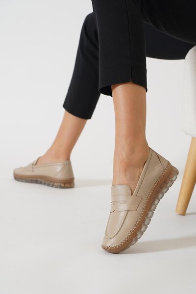 Moda Pie حذاء بدون كعب من الجلد الطبيعي باللون البيج - حذاء بنعل بوسير