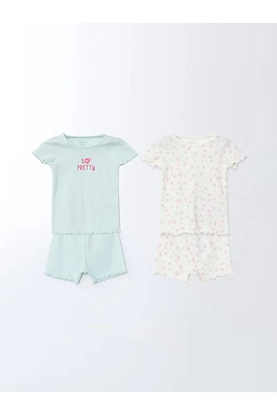 LC Waikiki Lcw Baby Green Crew Neck Floral Baby Girl Shorts Pajamas Suit 2Pcs