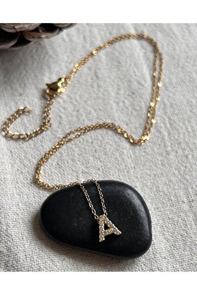 juleeco Taşlı A Harfi Gold Çelik Kolye