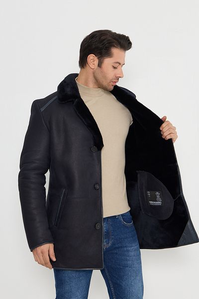 By Marki Marki Navy Blue Genuine Leather Coat - Natural Fur, Button, Special and Limited 500822