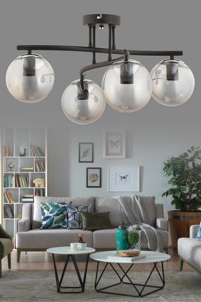 avimonaydınlatma Romero 4-Piece Fume Globe Glass Black Plafonier - Chandelier Living Room Dining Table Top Hall Bedroom