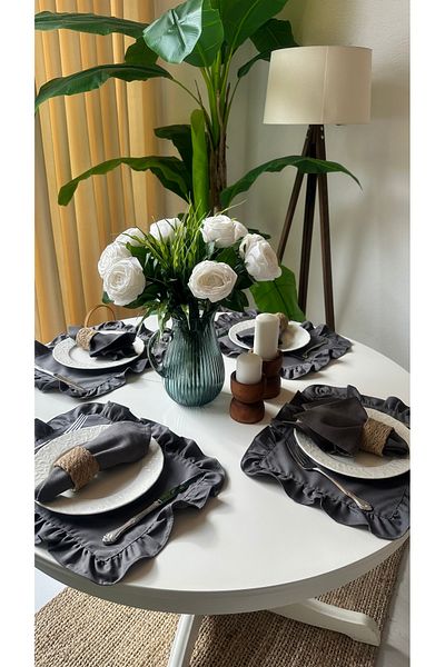 Decamor home Linen Smoked Gray Ruffled American Service Stain-Proof Water Repellent 4 Pieces