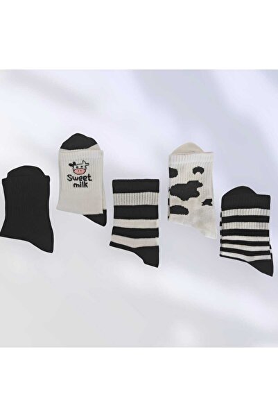 HAYEL 5 чифта черно-бели сладки раирани унисекс тенис чорапи за момичета и момчета