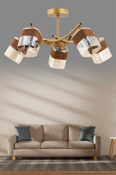 avimonaydınlatma Albana 5-Piece Honey - Coffee Glassed Vasted Plafonier Chandelier Hall Living Room Hall Bedroom