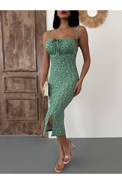 BİKELİFE Women's Rope Strap Slit Detailed Floral Dress