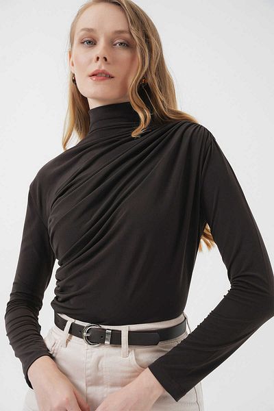 alita butik Half Throat Drawstring Sandy Fabric Blouse