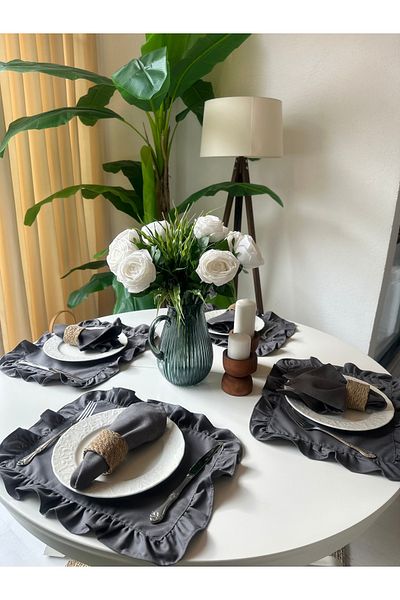 Decamor home Linen Smoked Gray Ruffled American Service Stain-Proof Water Repellent 4 Pieces