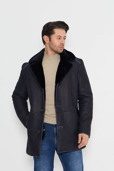 By Marki Marki Navy Blue Genuine Leather Coat - Natural Fur, Button, Special and Limited 500822