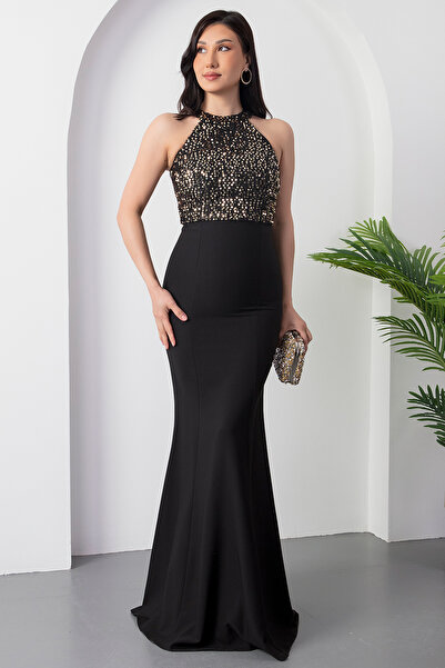 PULLIMM Üst Pul Payet Alt Atlas Balık Uzun Abiye Elbise 13015