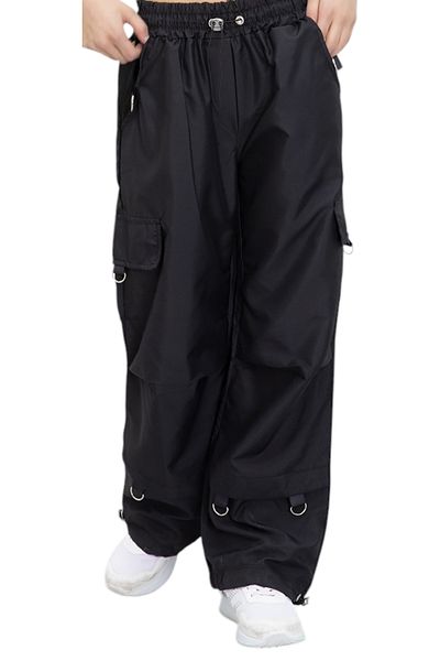 İrem Çocuk Giyim Girl's Cover Pocket Model Parachute Fabric Pocket Parachute Fabric Black Pants with Stopper