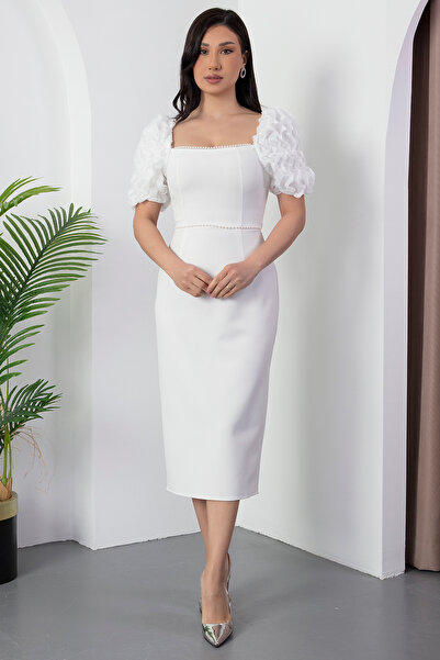 PULLIMM Kare Yaka İnci Detay Atlas Elbise 2051