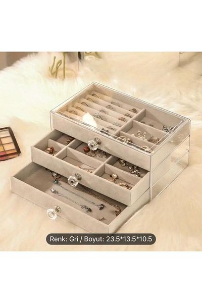 mirakuş Stylish Acrylic Jewelry Organizer with Velvet Drawers - Multi-Purpose Rectangular Storage Box (Grey)