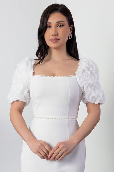 PULLIMM Pearl Detailed Square Collar Atlas Dress - Model 2051