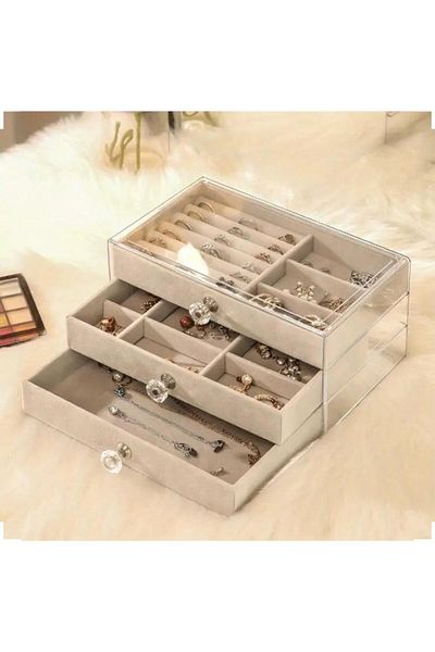mirakuş Stylish Acrylic Jewelry Organizer with Velvet Drawers - Multi-Purpose Rectangular Storage Box (Grey)