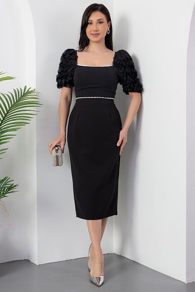 PULLIMM Pearl Detailed Square Collar Atlas Dress - Model 2051