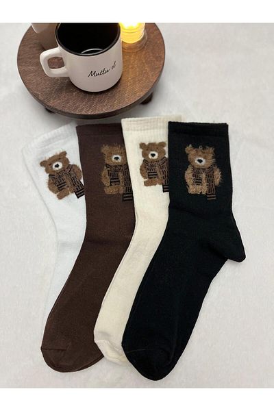 FUBA Aksesuar 4 Pairs Teddy Bear Patterned Women's Fuzzy Socks