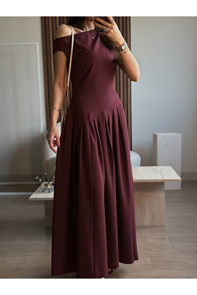 tugenatelier PİNTEREST MODEL TASARIM BORDO PİLELİ UZUN ELBİSE