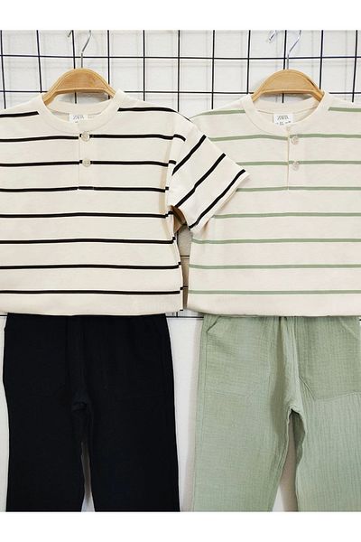 Kidmark Çocuk Modası Boy's Striped Cotton T-Shirt Muslin Green Pants Set