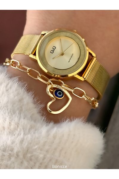 Q&Q Brand Yellow Color Mesh Steel Band Women Wristwatch Hearted Bracelet