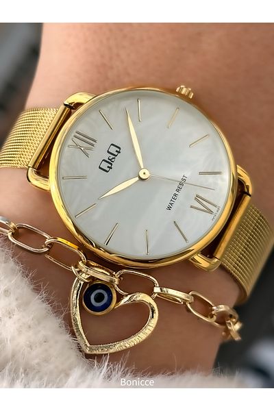 Q&Q Brand Yellow Color Mesh Steel Band Women Wristwatch Hearted Bracelet