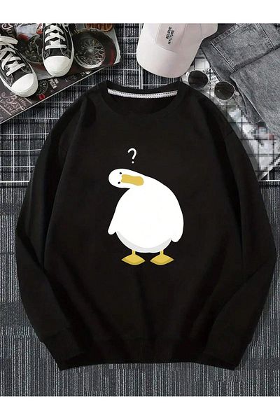 PALPİTO Unisex Black Goose Printed Crew Neck Oversize Sweatshirt