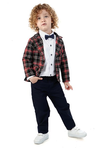 Merdia Boy's 4-Piece Suit Plaid Jacket, Print White Shirt, Bow Tie and Pants