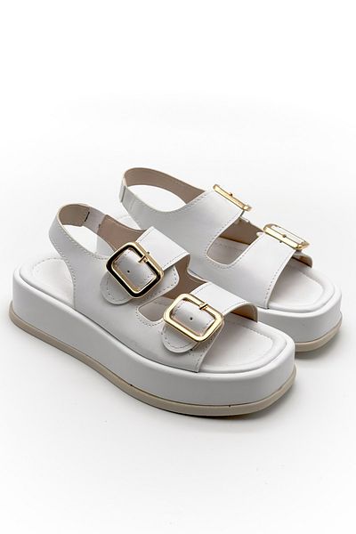 Shoebutik White Leather Banded Buckle Detail Women's Sandals