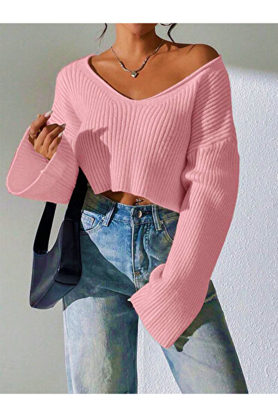 YUGA KNİTTİNG GENİŞ V YAKA TRİKO CROP KAZAK