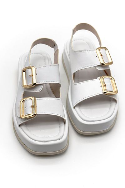 Shoebutik White Leather Banded Buckle Detail Women's Sandals