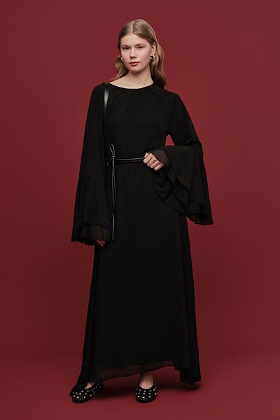Manuka Schwarzes Chiffon-Kleid mit Volants