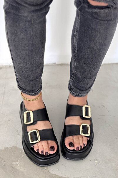Shoebutik Black Leather Banded Buckle Detail Women's Sandals