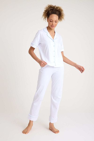 No52 HomeWear Set de pijamale pentru femei, 100% bumbac, culoare albă, cu mâneci scurte, cu mâneci scurte