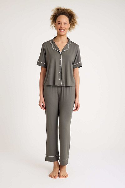 No52 HomeWear Set de pijamale cu mânecă scurtă pentru femei, 100% bumbac, culoare militară afumată