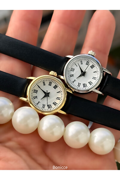 Bonicce Marka Retro Model, Minimal Kare Sarı Kasa, Siyah Deri Kordon, Kadın Kol Saati Bileklik