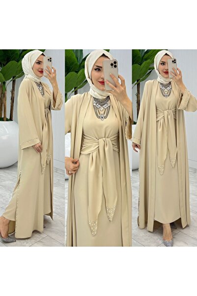 FIRSTESLEM Set dublu Abaya brodat cu piatră creponată și perle Dubai