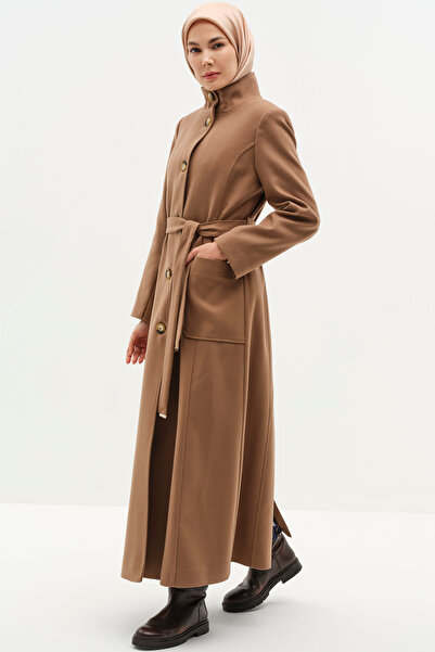 Tuğba Dik Yakalı Beli Kuşaklı Manto - Camel