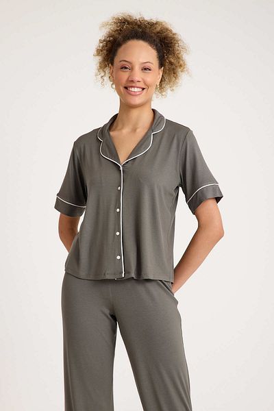 No52 HomeWear Set de pijamale cu mânecă scurtă pentru femei, 100% bumbac, culoare militară afumată