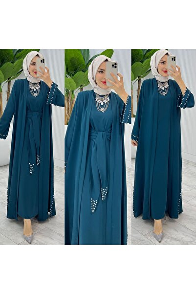 FIRSTESLEM Set dublu Abaya brodat cu piatră creponată și perle Dubai