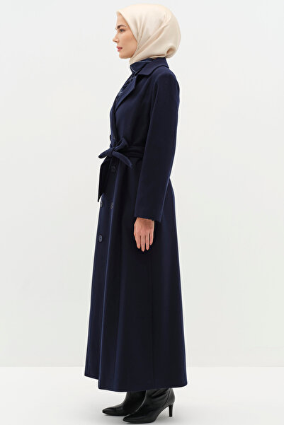 Tuğba Kruvaze Beli Kuşaklı Manto - Lacivert