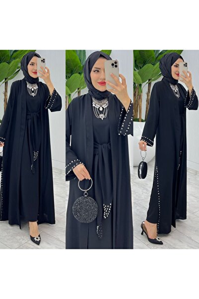 FIRSTESLEM Set dublu Abaya brodat cu piatră creponată și perle Dubai