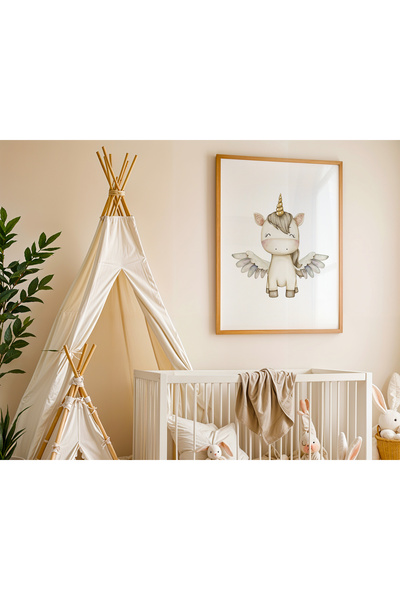 Peppy Rooms Doğal Ahşap Çerçeveli Tablo Sevimli Unicorn,Dekorasyon PEPPY-110