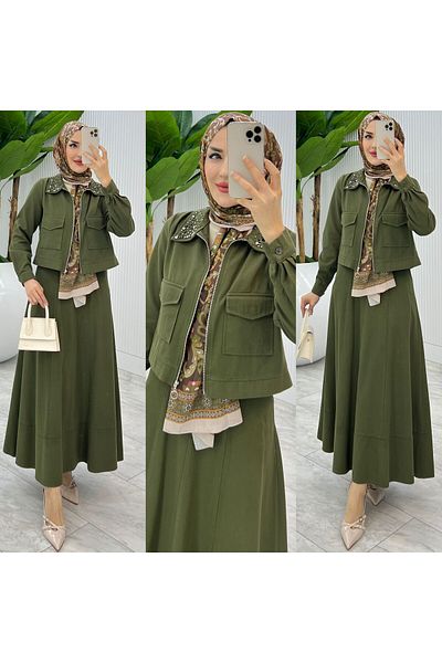 FIRSTESLEM Women's Double Suit with Jeans Collar, Jackets and Skirts in Soft Denim Fabric