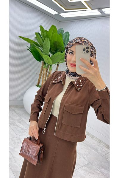 FIRSTESLEM Women's Double Suit with Jeans Collar, Jackets and Skirts in Soft Denim Fabric