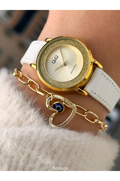 Q&Q Brand Retro White Leather Band Polite Women's Wristwatch + Bracelet