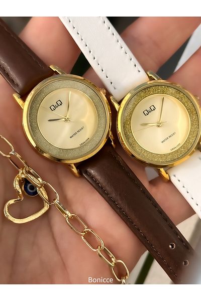 Q&Q Brand Retro White Leather Band Polite Women's Wristwatch + Bracelet
