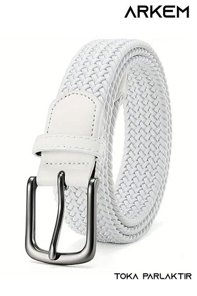 Arkem Elastic Knit Belt, White Belt, Men's Sports, Jeans, Shorts Men's Belt 3.5 cm