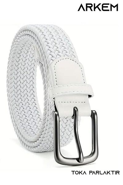 Arkem Elastic Knit Belt, White Belt, Men's Sports, Jeans, Shorts Men's Belt 3.5 cm
