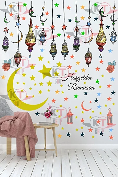 Kt Grup Bine ați venit Ramadan Lantern colorat Lampă suspendată Set de autocolante pentru decorarea peretelui din sticlă - Ornament Ramadan Ornament Eid