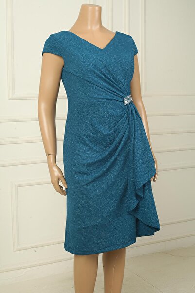 By Saygı Women's Front Back V Neck Nail Sleeves Lined Side Stone Detail Handkerchief B.B Silvery Short Dress